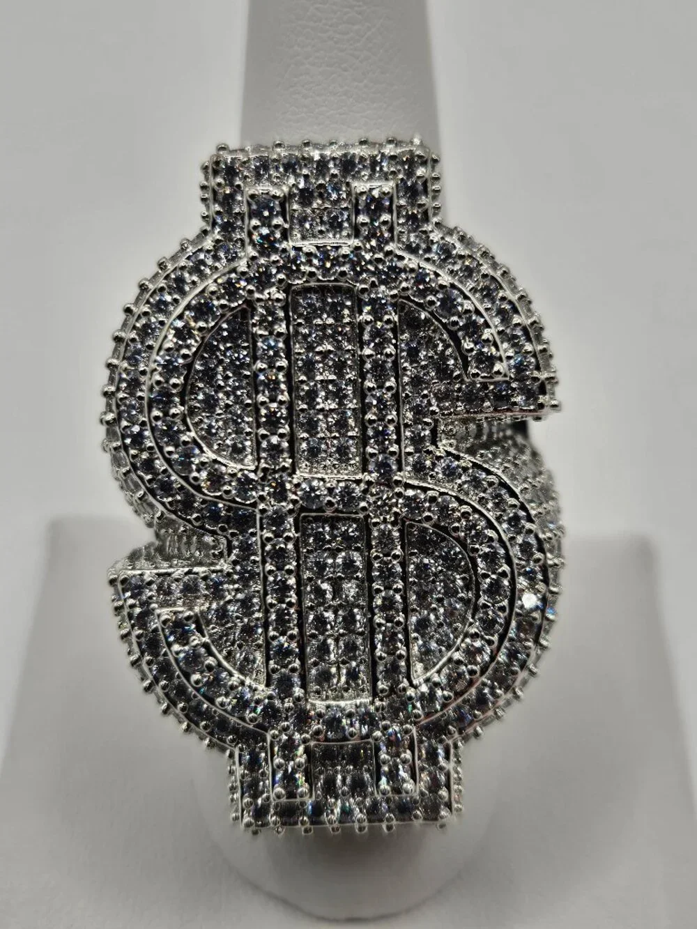 Iced Out Silver Filled Dollar Sign Ring 5A CZ Size 9 Heavy 37g